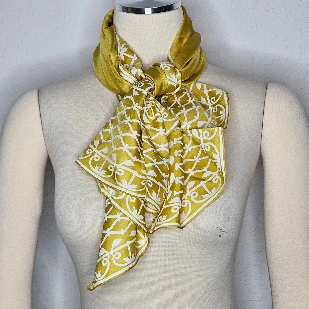Vintage Style Mustard Yellow White Lattice Scroll Square Silk Scarf Accessory